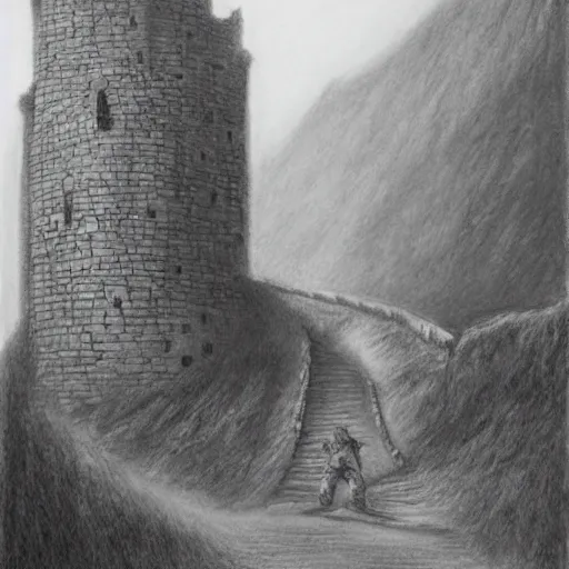 Image similar to pencil art, highly detailed, picture of hero walking on a path of a castle on a mountain