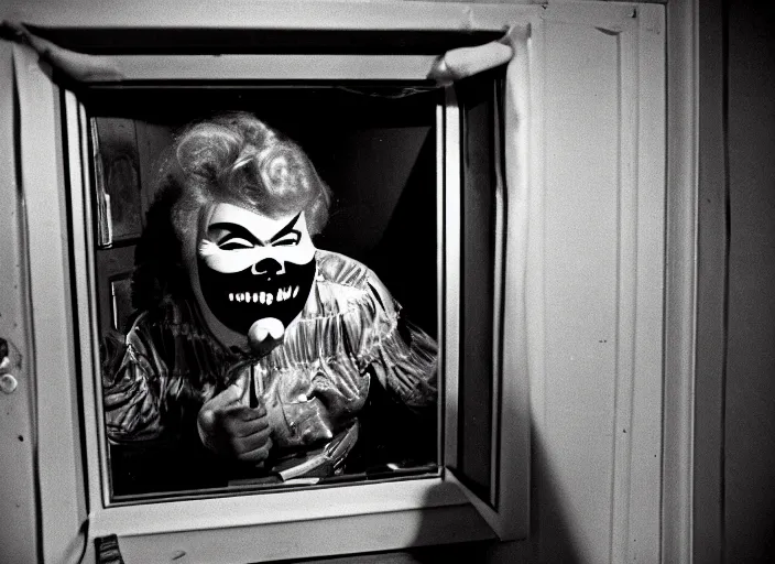 Image similar to a scene from a 1 9 7 8 s halloween, rip taylor is hiding in a closet from the shape, vhs distortion, cathode ray tube distortion, folk horror, hauntology, 8 k, 8 5 mm f 1. 8, studio lighting, rim light, right side key light