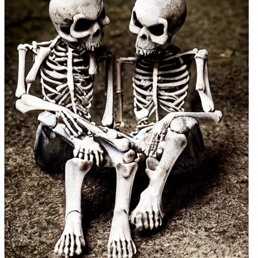 Image similar to Two grunge skeletons of lovers, sitting on a park bench for a very long time, holding by their hands, starting to decay, partially covered with dust, moss, dirt and spider webs, cinematic lighting, photo realistic image, super detailed, cinematic look H 1024