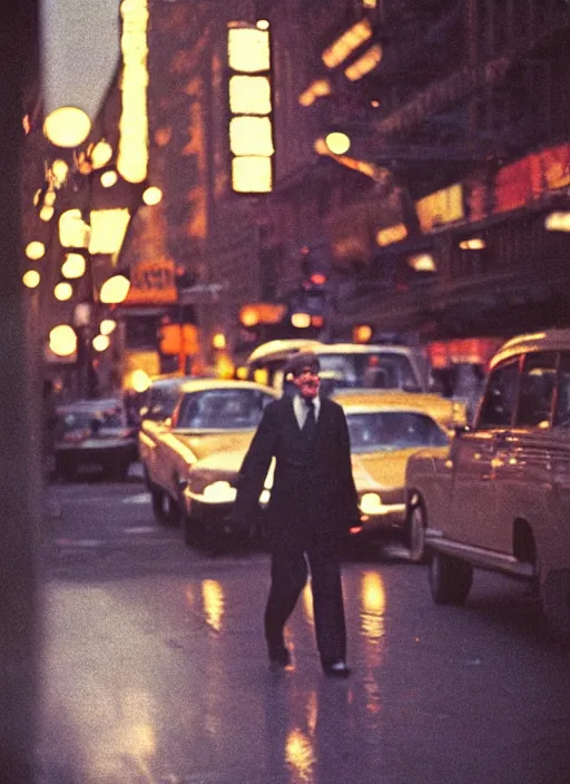 Prompt: a 35mm photograph of a man walking down the street in New York City in the 1960's, bokeh, Canon 50mm, cinematic lighting, photography, retro, film, Kodachrome