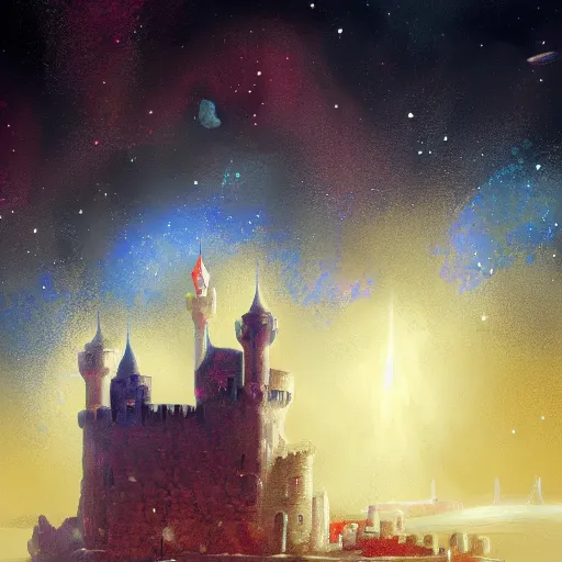 Prompt: a medieval castle in space, digital painting, trending on artstation