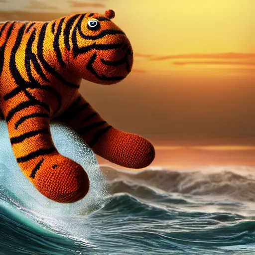 Image similar to a closeup photorealistic photograph of a smiling cute knitted tiger hippopotamus plush toy riding a large wave during sunset. surf in the background. professional capture. brightly lit scene. this 4 k hd image is trending on artstation, featured on behance, well - rendered, extra crisp, features intricate detail, epic composition and the style of unreal engine.