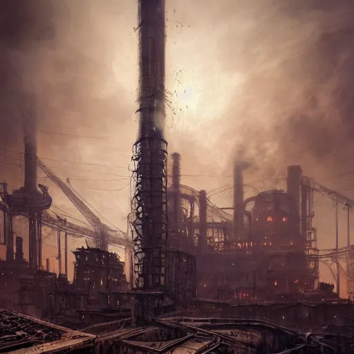 Prompt: highly detailed concept art of monumental chimney of the huge steelworks in the steampunk underground city/factory trending on Artstation by Daniel Dociu and Greg Rutkowski, high quality, dieselpunk, architecture, frostpunk, steampunk industrial area, pollution and smoke, rusty, heat and steam, ultra detailed, ultra realistic, dystopia