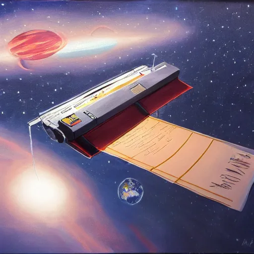 Image similar to oil painting of a printer floating in space printing out a long sheet of paper covered with writing, trending on artstation