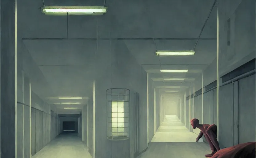 Image similar to Inside a dark big prison with white cells, very coherent, painted by Edward Hopper, Wayne Barlowe, painted by James Gilleard, airbrush, art by JamesJean