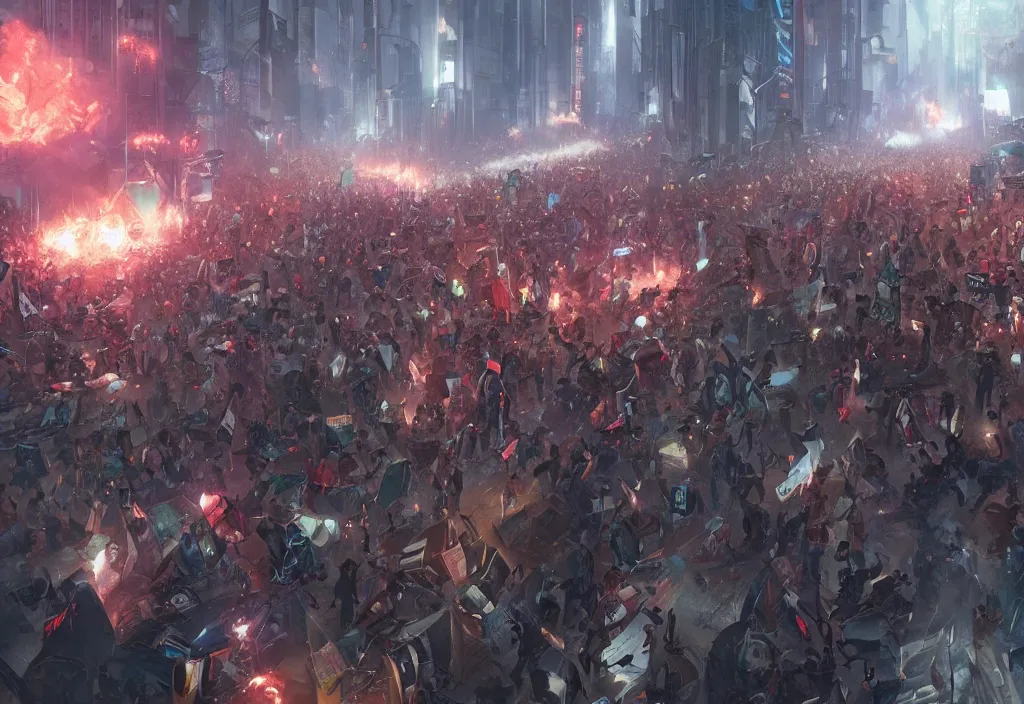 Image similar to angry protesters, detailed digital illustration by greg rutkowski, android netrunner