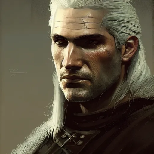 Image similar to Very detailed masterpiece painting of Geralt of Rivia, portrait, artstation, concept art by Greg Rutkowski