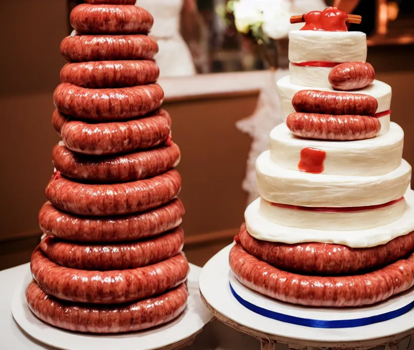 Image similar to photo of a wedding cake with sausages and ketchup