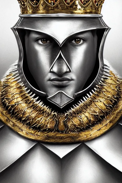 Image similar to Hyper-realistic upper-body Portrait of the King of the Desert, Warrior knight, Silver Armour and Gold Crown, Sword, handsome attractive face, beautiful face, photo realistic, dramatic lighting, majestic, trending on artstation, elegant, intricate, highly detailed, digital painting, concept art, sharp focus, illustration, art by artgerm and greg rutkowski and alphonse mucha