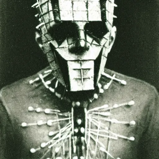 Image similar to a 1920 photography of a man with a hellraiser mask in silent hill town