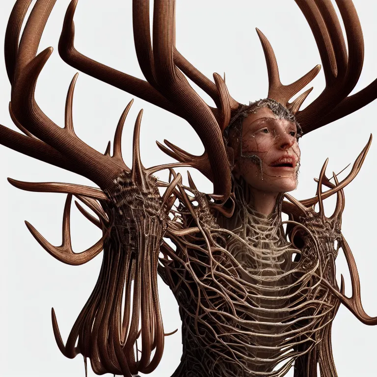 Image similar to portrait of transparent exoskeleton ms with ribbed body, covered with twisted ribbed crooked antlers, baroque portrait by rutkowsky and charles vess and james jean and erik jones and rhads, 3 d octane render, beautiful fine face features, intricate high details, sharp, ultradetailed, artistic photography