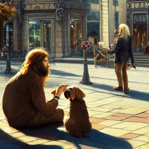 Image similar to oil painting of a young man with long hair blond and a beard hippie style with his golden retrever dog playing guitar in the square for money, people watching around, by greg rutkowski, artstation