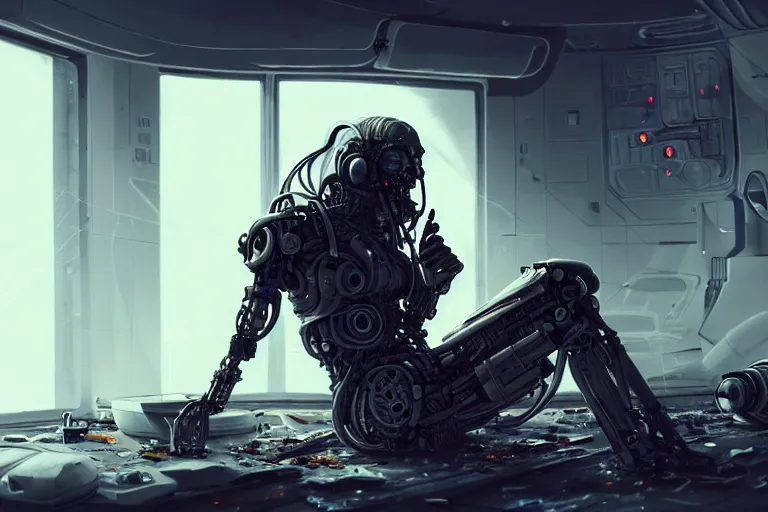 Image similar to Ultra realistic illustration, beautiful alluring damaged cyborg sitting on the floor of a destroyed spaceship, smoking a cigarette while being put back together in an super advanced military medical bay, cyberpunk, sci-fi, fantasy, sparks, small flames, smoke, intricate, elegant, highly detailed, digital painting, artstation, concept art, smooth, sharp focus, illustration, gorgeous cinematic lighting, art by artgerm and greg rutkowski and alphonse mucha