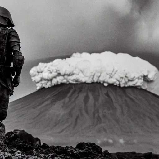 Image similar to Close-up of a heavy-armored soldier standing infront of an erupting volcano, black and white, professional photography, eerie, cinematic