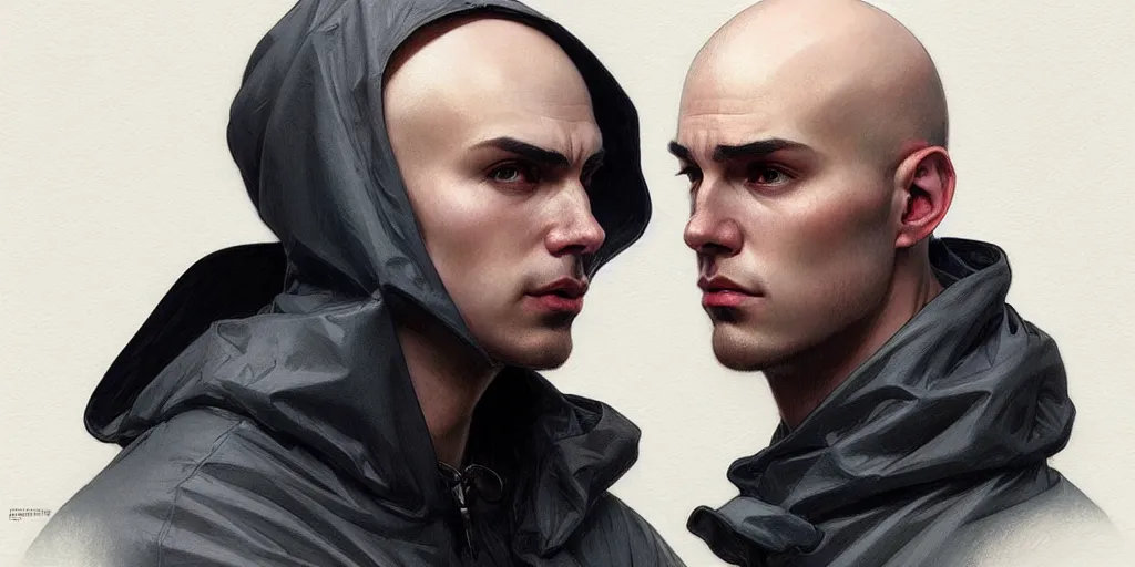 Image similar to european ( ( ( ( young bald man ) ) ) ) dressed in raincoat, full body male, clear face, masculine, upper body, highly detailed, digital painting, artstation, concept art, matte, sharp focus, illustration, art by artgerm and greg rutkowski and alphonse mucha