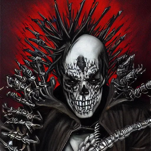 Prompt: a portrait of the grim reaper as a punk rocker, punk, skeleton face, mohawk, dark, fantasy, leather jackets, spiked collars, spiked wristbands, piercings, boots, electric guitars, motorcycles, ultrafine detailed painting by frank frazetta and vito acconci and michael whelan and takeshi obata, death note style, detailed painting