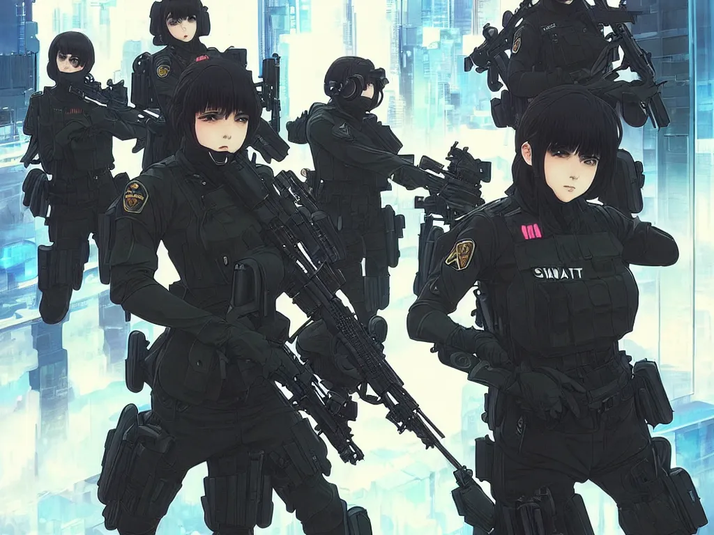 Image similar to anime key visual of a team of multiple female swat officer ready to attack, neon, cyberpunk, futuristic, stunning, highly detailed, digital painting, smooth, soft focus, illustration, movie poster, japanese typography, digital art from artstation by artgerm and greg rutkowski and alphonse mucha