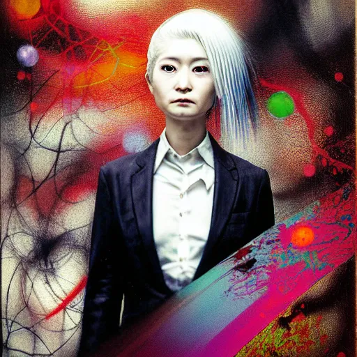 Prompt: yoshitaka amano blurred and dreamy three quarter angle oil portrait of a young woman with white hair and black eyes wearing dress suit with tie, playstation 2 horror game, junji ito abstract patterns in the background, satoshi kon anime, chungking express color palette, noisy film grain effect, highly detailed, renaissance oil painting, weird portrait angle, blurred lost edges