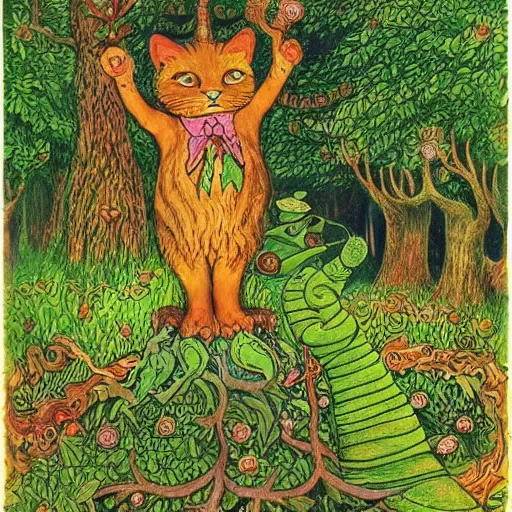 Image similar to a green genie ready to grant wishes deep in the forest, fantasy illustration, Louis wain