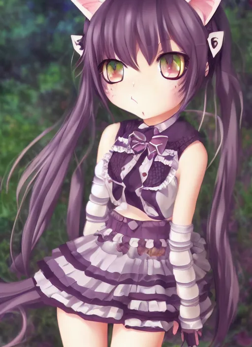 Prompt: nekopara fantastically detailed eyes modern anime style art detailed cat ears cat girl nekomimi dress portrait Laica chrose, made by Hugo Heyrman, Digital matte art, by Oscar-Claude Monet