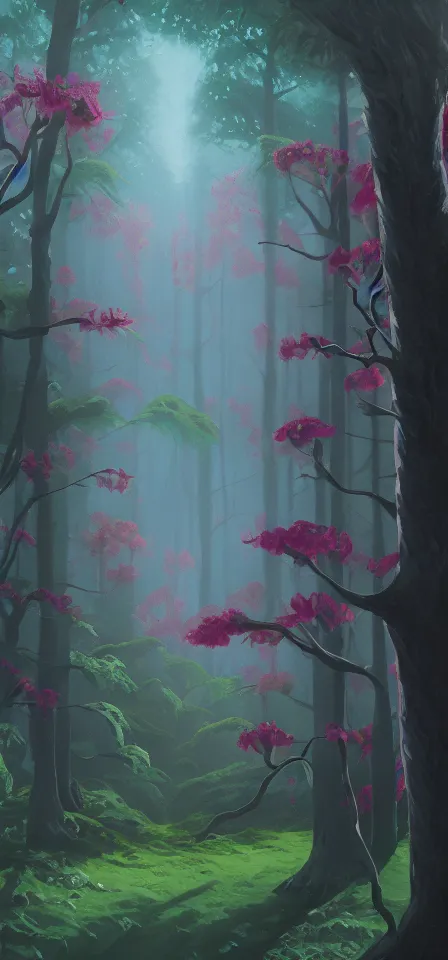 Prompt: smooth blooming forest. gouache painting by the award - winning concept artist, bloom, chiaroscuro, backlighting, depth of field.
