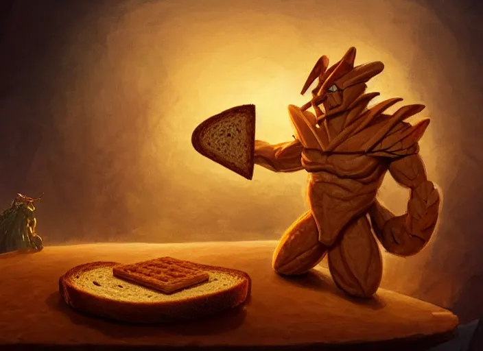 Image similar to a character made out of bread and toast giving a speech in front of a podium, audience in the background, by marco bucci and frank frazetta, magic : the gathering fantasy concept art, high resolution, fantasy coloring, intricate, digital painting, artstation, smooth, sharp focus