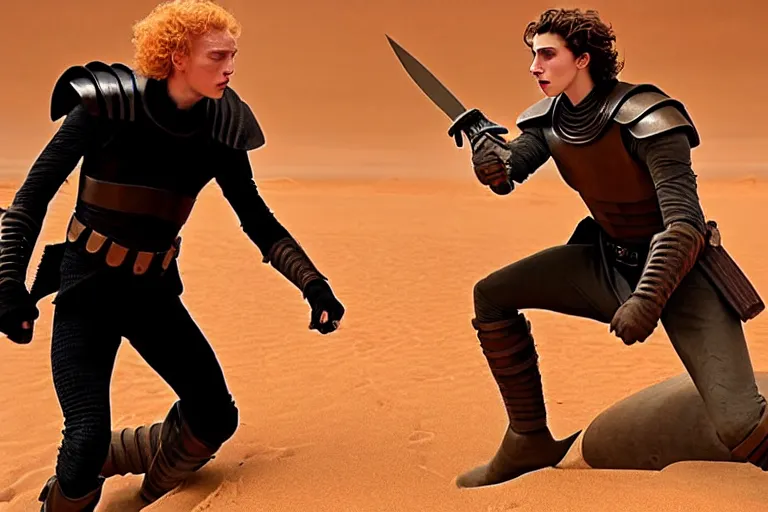 Prompt: a dagger-fight between bald_ominous_brooding_Austin_Butler_as_Feyd-Rautha_Harkonnen against Timothee_Chalamet_as_Paul_Atreides, in an arena fight-pit in movie Dune-2021, golden ratio, clear gaze, detailed eyes