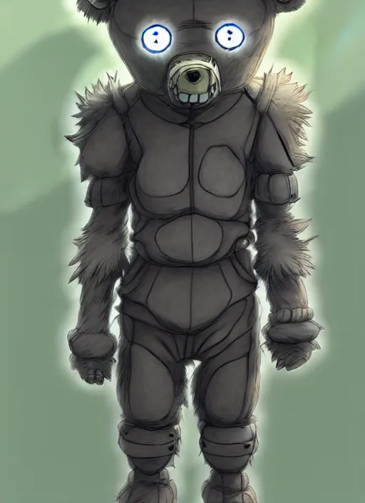 Image similar to beautiful little boy wearing an cyborg bear suit, artwork in kentaro miura and made in abyss and rosdraws, smooth, beautiful lightness, anatomically correct, trending on pixiv, forest