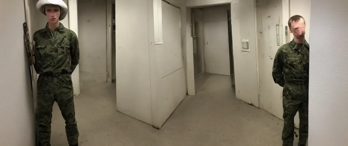 Image similar to a high quality color extreme creepy atmospheric wide dutch angle hd 4 k film 3 5 mm color photograph of a young inexperienced caucasian military man standing in a doorway of a military breakroom in with a clipboard he looks young and experienced in 1 9 8 2