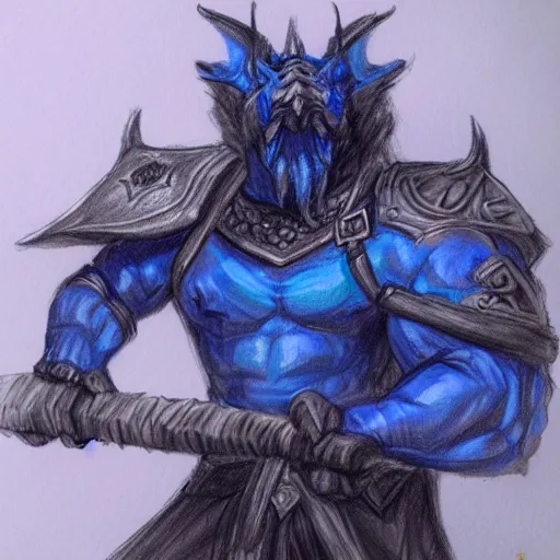 Image similar to fantasy concept art; portrait of a blue dragonborn wielding an axe; barbarian clothing; detailed sketch