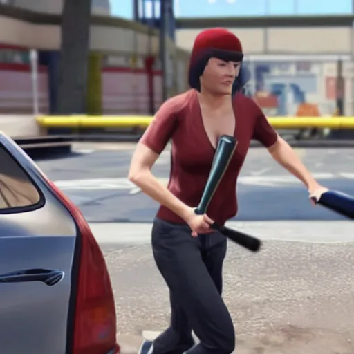 Image similar to Lucy Lawless taking a baseball bat to her boyfriend\'s car in GTA 5.