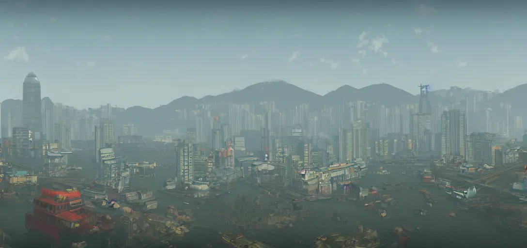 Prompt: Photo of Hong Kong Skyline in Fallout 4 Style, 8K, daytime, high quality