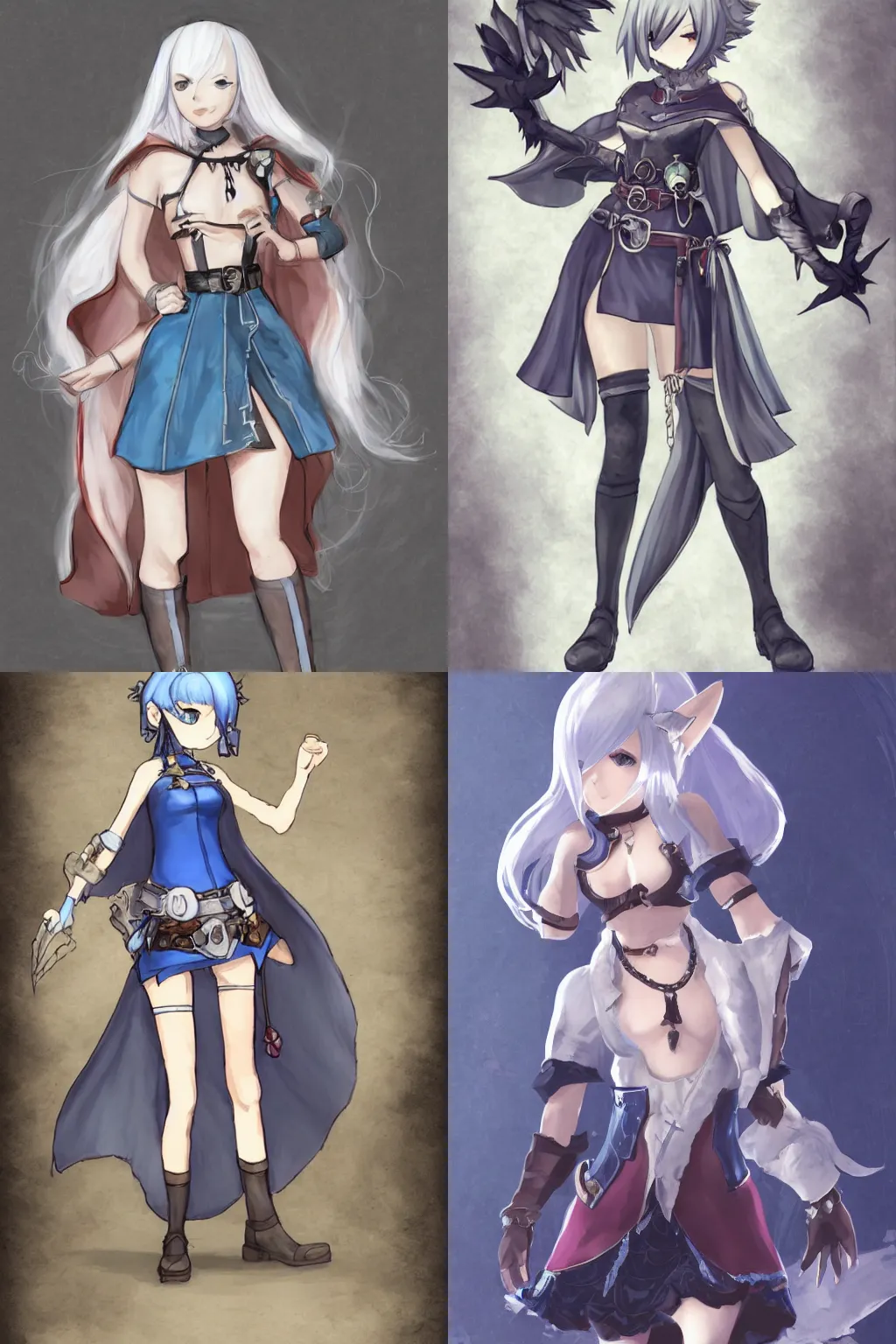 Prompt: female alchemist with short blue hair, wearing a short dress, stockings, leather boots and a cape, from Bravely Default II, concept art, character design, jRPG character art, digital art, full body, high quality,