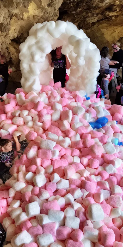 Prompt: a cave decorated with candy floss and marshmallows