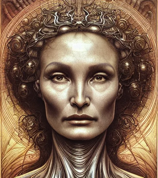 Image similar to detailed realistic beautiful young alien robot jessica lange as queen of mars face portrait by jean delville, gustave dore and marco mazzoni, art nouveau, symbolist, visionary, gothic, pre - raphaelite. horizontal symmetry by zdzisław beksinski, iris van herpen, raymond swanland and alphonse mucha. highly detailed, hyper - real, beautiful