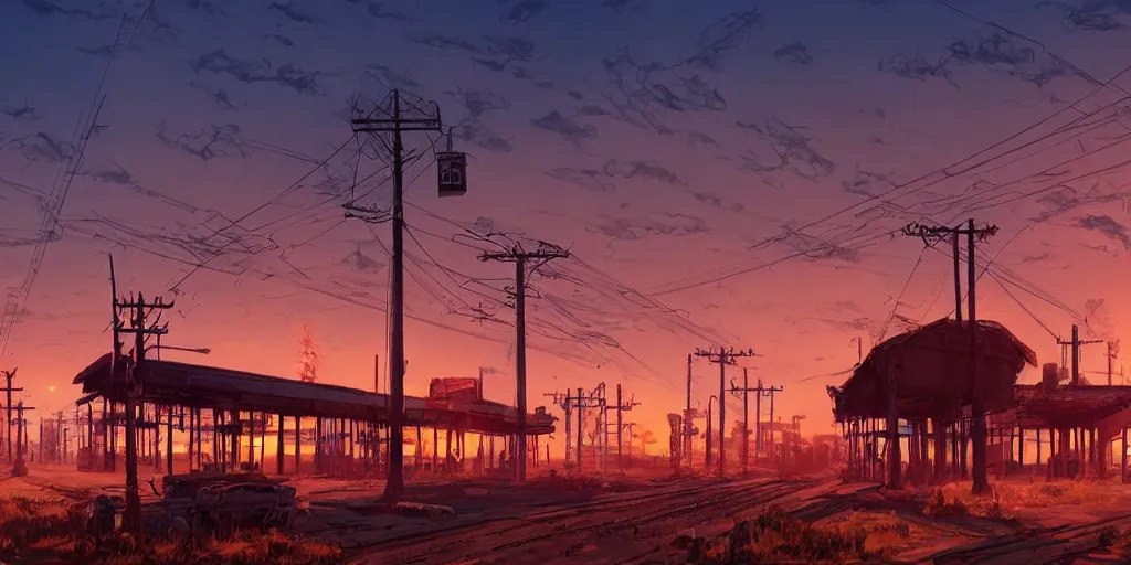 Image similar to train station roadside old west saloon cyber punk post apocalyptic telephone poles billboards cactus graveyard sunset sky clouds illustration by syd mead artstation 4 k 8 k graphic novel concept art matte painting unreal engine ue 5