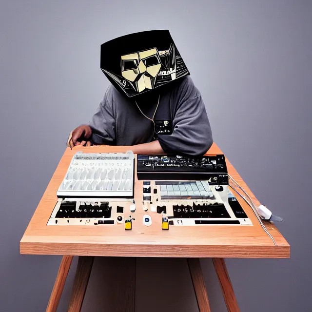 Image similar to a photograph of an origami of mf doom playing a roland sp 4 0 4 on top of a wooden table