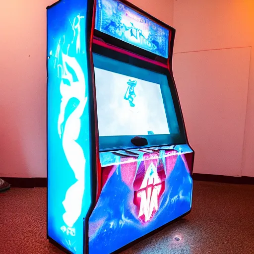 Prompt: abandoned video game arcade cabinet, glowing ghost transcending out of screen, Matt emmett, zack snyder, Anato Finnstark, and Harrison Fisher, deep color, looming, tall, deepfried, intricate matte painting, unsplash contest winner