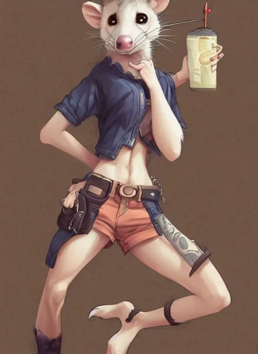 Prompt: character portrait of a female anthro opossum fursona with a furry body wearing a tanktop and shorts with arm tattoos. Character design by charlie bowater, ross tran, artgerm, and makoto shinkai, detailed, inked, western comic book art