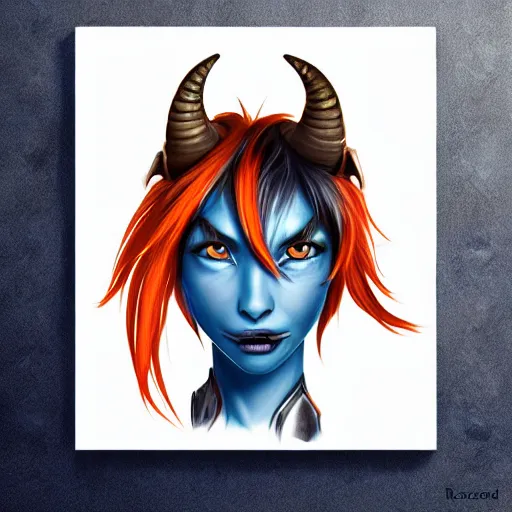 Image similar to illustrated realistic tilted head portrait female prong-horned kobold with blue bob hair and solid dark eyes wearing strap leather armor, orange glow, backlit by rossdraws