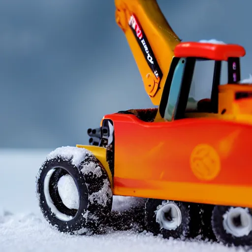 Prompt: toy space excavator riding on snow, 3 3 mm close up photo