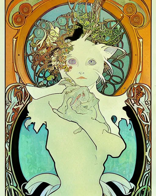 Image similar to art nouveau portrait of a cat, alphonse mucha, kay nielsen, studio ghibli, painterly