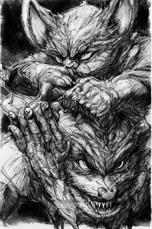 Image similar to A cute baby werewolf eating , pen and ink, intricate line drawings, by Yoshitaka Amano, Ruan Jia, Kentaro Miura, Artgerm, watercolor