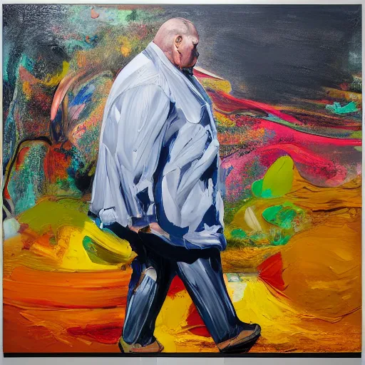 Prompt: _ in _ these _ paintings _ we _ see _ a _ big _ man _ who _ seem _ to _ be _ walking _ in _ circles in an empty void space, 4 k, in the style of ben quilty, minimal palette, medium shot, oil paint with thick brushstrokes of paint, impasto, detailed,