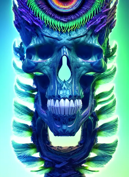 Image similar to 3 d shaman profile portrait, sigma 5 0 0 mm f / 5. beautiful intricate highly detailed quetzalcoatl skull and feathers. bioluminescent, plasma, lava, ice, water, wind, creature, thunderstorm! artwork by tooth wu and wlop and beeple and greg rutkowski, 8 k trending on artstation,