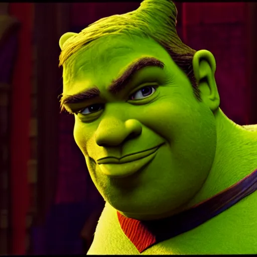 Prompt: photo of Donald Trump as Shrek the movie Shrek, cinestill, 800t, 35mm, full-HD