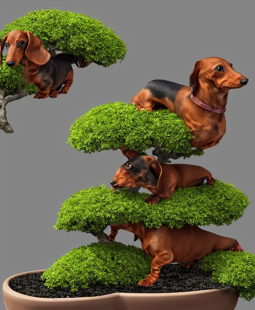 Image similar to Dachshund boabab hybrid in a bonsai pot, cinematic lighting, 8k, artstation