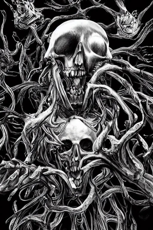 Prompt: black and white illustration, creative design, body horror, death monster