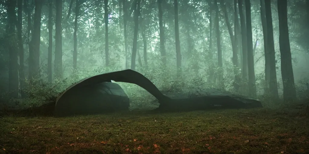 Image similar to an alien craft landed in the woods, shiny and metallic, night time, volumetric fog, wide shot, cinematic lighting, horror movie
