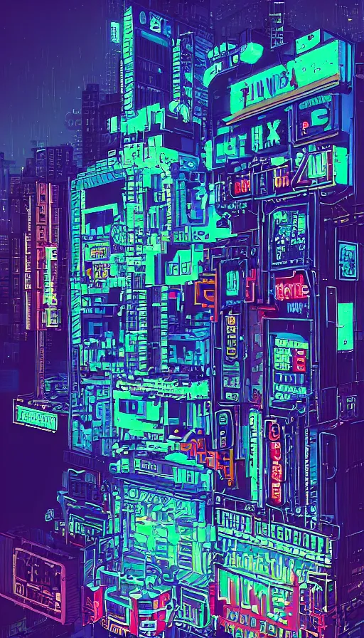 Prompt: a drawing of a building with a neon sign on top of it, cyberpunk art by james gilleard, behance contest winner, pixel art, voxel art, # pixelart, retrowave